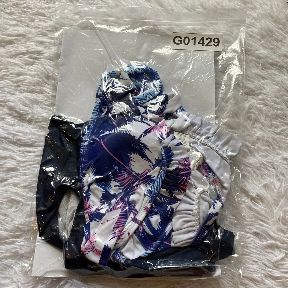 Palm‎ Tree Print Bralette Swim Top High Waisted Swimsuit, White Blue, Small